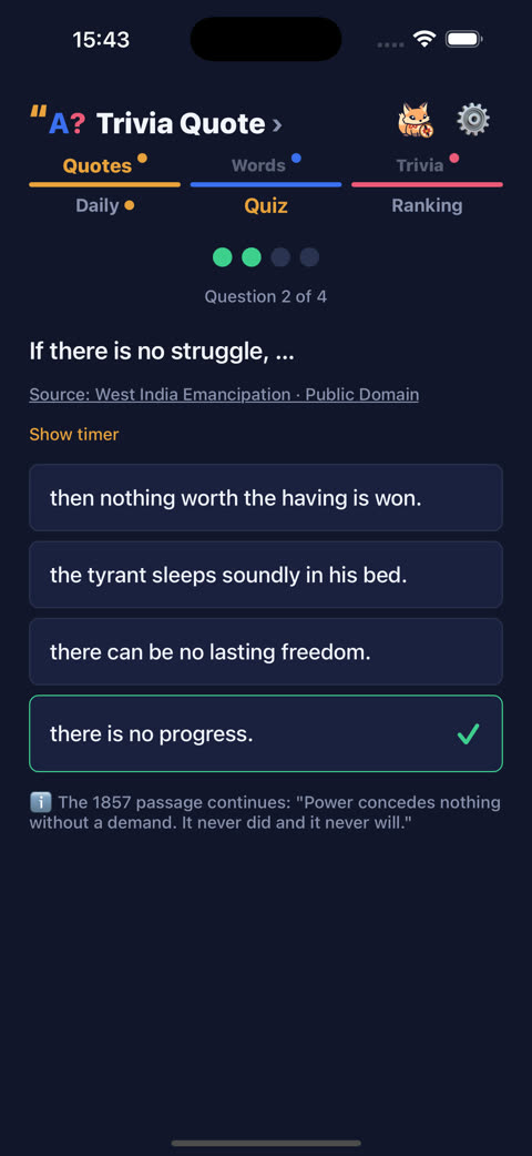 An answered quote question with the correct choice checked, its public-domain source linked, and a note continuing the passage