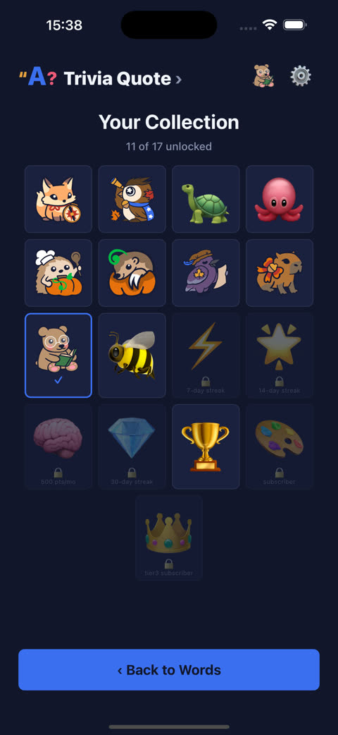 The avatar collection: illustrated characters unlocked by playing, locked ones showing how to earn them